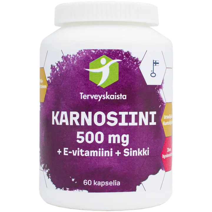 Terveyskaista Karnosiini + E-vitamiini + Sinkki 60 kaps.-Terveyskaista 肌肽 + 维生素 E + 锌 60 粒。