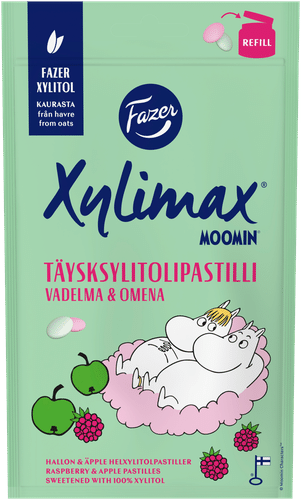 Fazer Xylimax Moomin 覆盆子苹果全木糖醇含片 85g｜Fazer Xylimax Moomin vadelma ja omena täysksylitolipastillit 85g