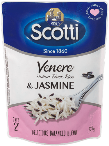 Riso Scotti esikeitetty jasmiiniriisi ja esikeitetty musta venere-kokojyväriisi 230 g