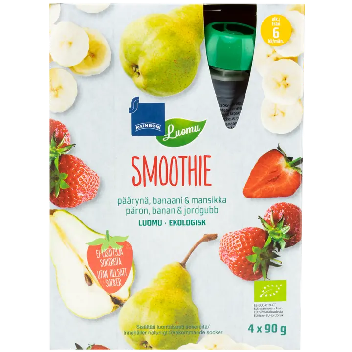 Rainbow smoothie päärynä, banaani & mansikka luomu 360 g 4-pack 6 kk｜Rainbow 有机梨、香蕉和草莓冰沙 360 克 4 包 6 个月