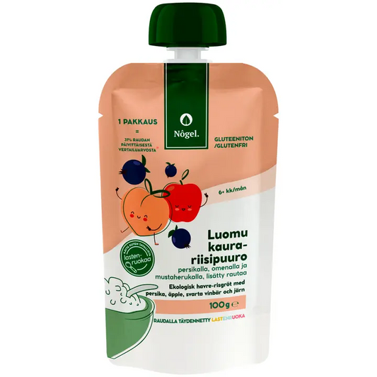 Nogel luomu kaura-riisipuuro persikalla, omenalla ja mustaherukalla, 100 g｜Nogel 有机燕麦粥，配桃子、苹果和黑醋栗， 100 g