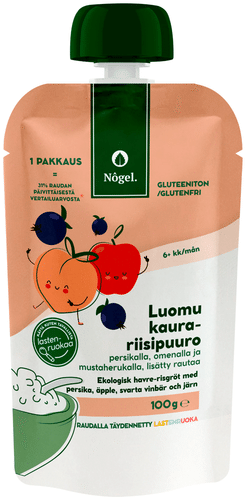 Nogel 有机燕麦大米粥 配桃子、苹果和黑加仑 100 g｜Nogel luomu kaura-riisipuuro persikalla, omenalla ja mustaherukalla, 100 g