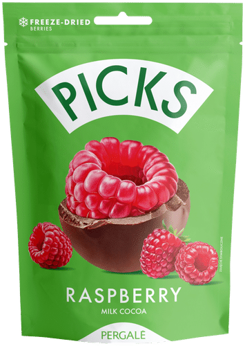 Dragee PICKS pakastekuivatut vadelmat maitosuklaanmakuisella kuorrutuksella 90g