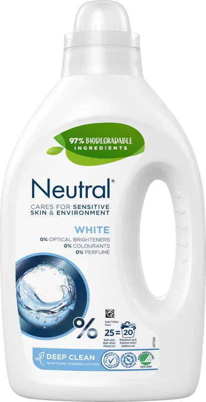 Neutral White 无香洗衣液 白色衣物用 1升 25次洗涤｜Neutral White Hajusteeton Pyykinpesuaine Valkopyykille 1 L 25 pesua