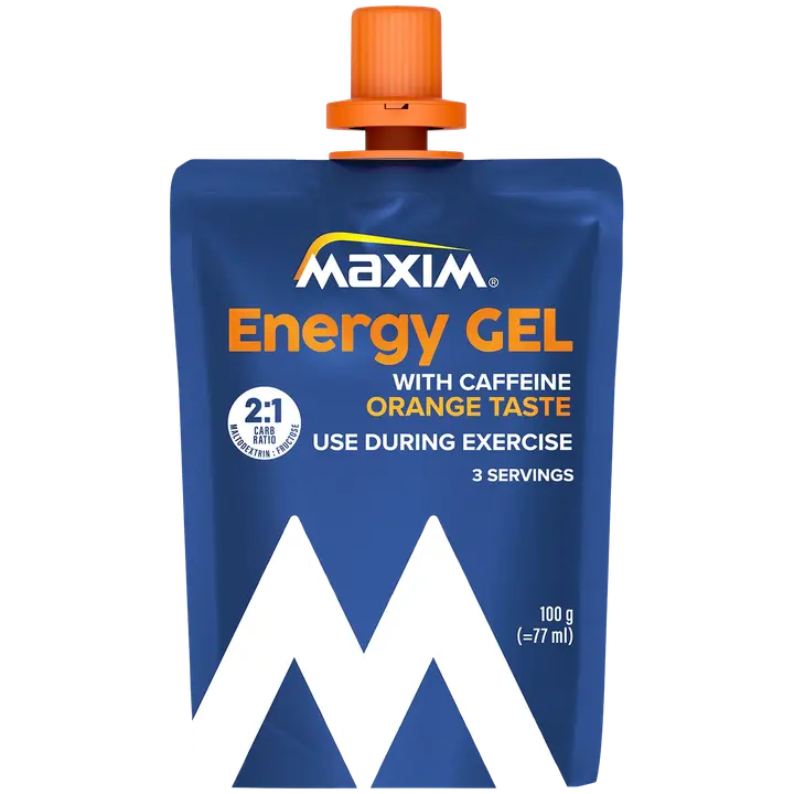 Maxim Energy Gel Orange taste with caffeine appelsiininmakuinen geeli korkea kofeiinipitoisuus käytetään suorituksen aikana 100g-Maxim 能量胶橙味含咖啡因 表演时使用咖啡因含量高的橙味凝胶 100g