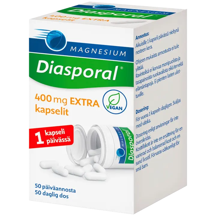 Diasporal magnesium kapseli 400mg Extra ravintolisä 41g/50粒-Diasporal 镁胶囊 400mg 额外膳食补充剂 41g/50 粒