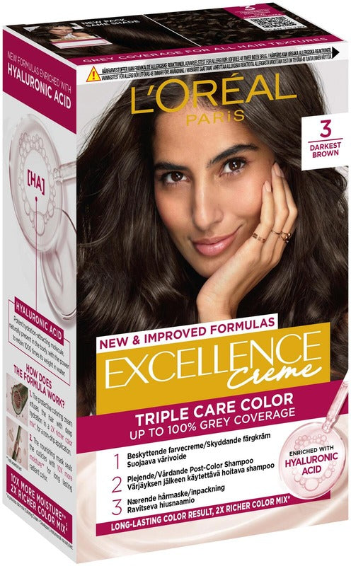 L'Oréal Paris Excellence Creme 3 深棕 深暗棕色染发剂 1kpl｜L'Oréal Paris Excellence Creme 3 Dark Brown Syvä Tummanruskea kestoväri 1kpl