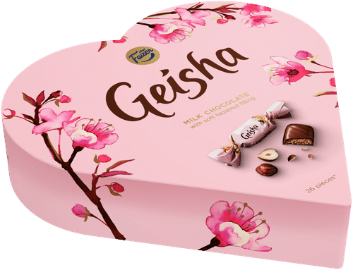 Fazer 艺伎心形榛子牛轧糖夹心巧克力 190g｜Fazer Geisha Sydän hasselpähkinänougat suklaakonvehti 190g