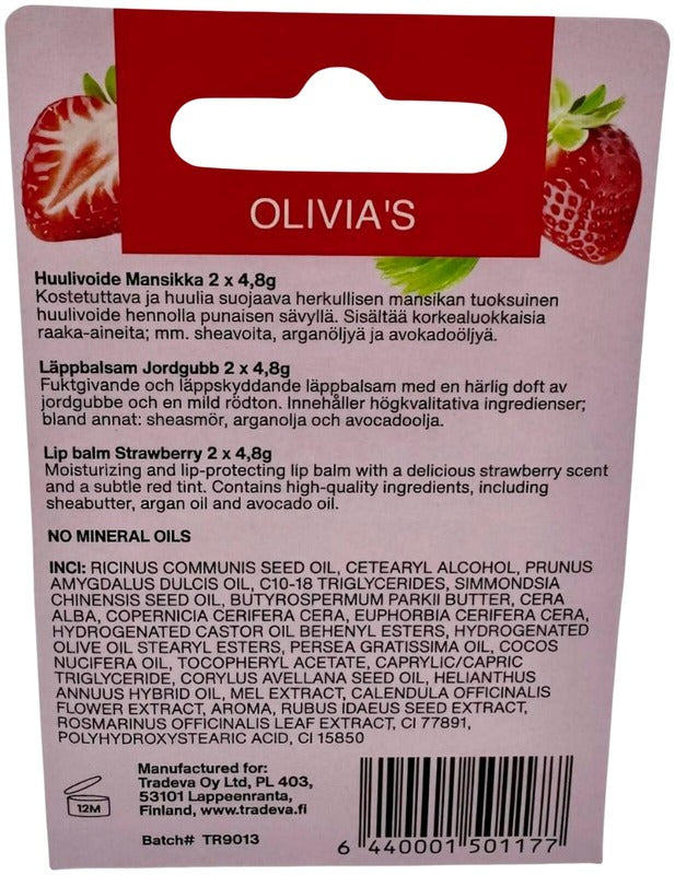 OLIVIA'S 润唇膏2支装草莓味｜OLIVIA'S Huulivoide 2kpl mansikka
