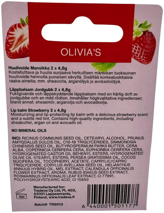 OLIVIA'S 润唇膏2支装草莓味｜OLIVIA'S Huulivoide 2kpl mansikka