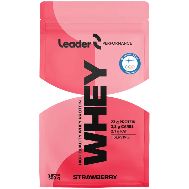Leader Performance Whey heraproteiinijauhe mansikanmakuinen 500 g-Leader 性能 Whey 乳清蛋白粉 草莓味 500 g