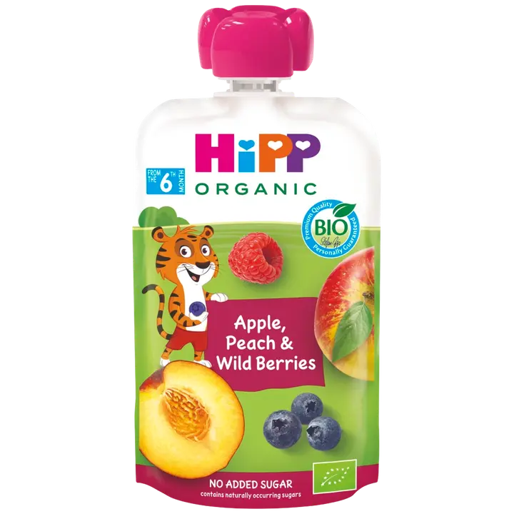 HiPP 100g Luomu Smoothie Omenaa, Persikkaa, Mustikkaa&Vadelmaa 6kk｜HiPP 100 克有机冰沙苹果、桃子、蓝莓和覆盆子 6 个月