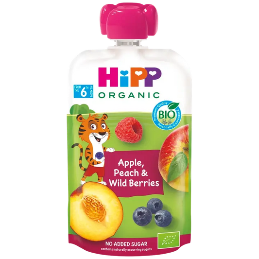 HiPP 100g Luomu Smoothie Omenaa, Persikkaa, Mustikkaa&Vadelmaa 6kk｜HiPP 100 克有机冰沙苹果、桃子、蓝莓和覆盆子 6 个月