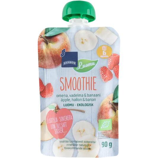 Rainbow smoothie omena, vadelma & banaani luomu 90 g 6 kk｜Rainbow 有机苹果、覆盆子和香蕉冰沙 90 克 6 个月