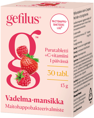 Gefilus 树莓-草莓乳酸菌维生素C咀嚼片 30片 13克 膳食补充剂｜Gefilus vadelma-mansikka maitohappobakteeri-C-vitamiinivalmiste purutabletti 30tabl 13g ravintolisä