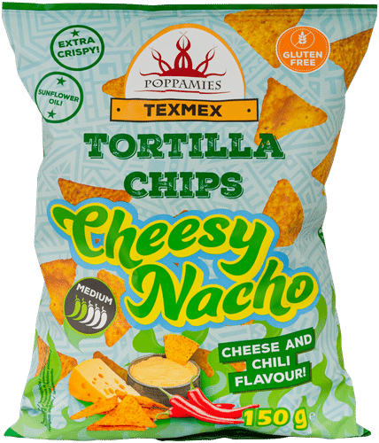 Poppamies Texmex Tortilla Chips Cheesy Nacho juuston ja chilin makuiset maissilastut 150g