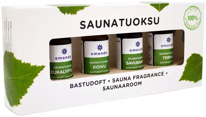 Emendo 4x10毫升桑拿香氛 带木架｜Emendo 4x10ml saunatuoksut puutelineessä
