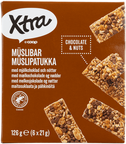 Xtra myslipatukka suklaa ja pähkinä 6 kpl 126 g｜Xtra 巧克力坚果麦片棒 6支装 126 g
