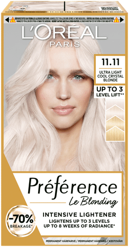L'Oréal Paris Préférence Le Blonding 11.11 Ultra Light Extra Light Cool Silver Blonde Erittäin kirkas viileä hopeanvaalea kestoväri 1kpl