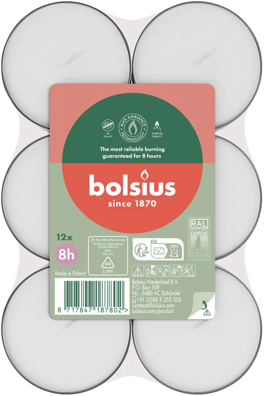 Bolsius 大号保温蜡烛，无色杯 – 8小时燃烧时间 – 12支/包｜Bolsius – maksilämpökynttilät, väritön kuppi – 8 tunnin paloaika – 12 kpl/pakkaus