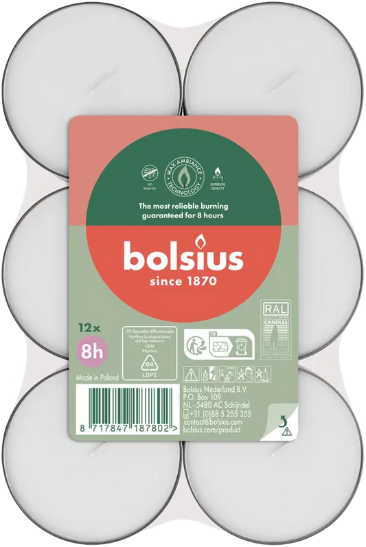 Bolsius 大号保温蜡烛，无色杯 – 8小时燃烧时间 – 12支/包