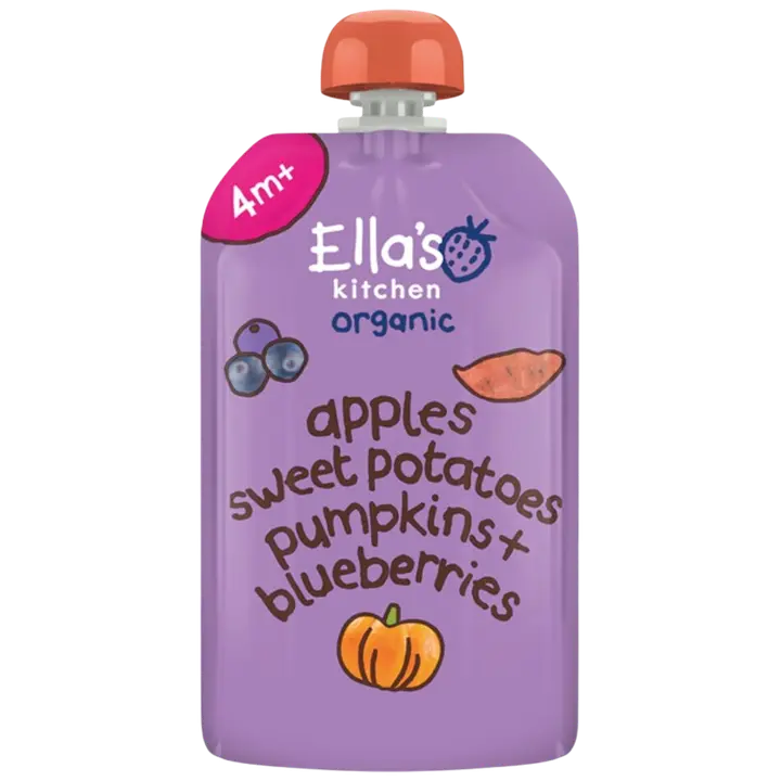Ella's Kitchen Omena-bataatti-kurpitsa-mustikka sose alkaen 4 kk LUOMU 120g｜Ella´s Kitchen Ella's Kitchen 苹果、红薯、南瓜、蓝莓果泥 4 个月起有机 120g