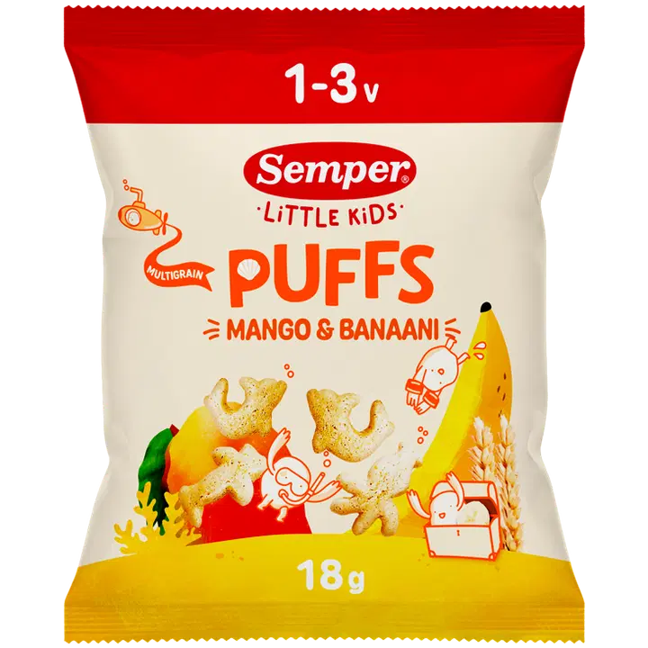 Semper Multigrain Puffs Mango & banana luomunaksu 1-3v 18g｜Semper 杂粮泡芙 芒果和香蕉有机零食 1-3 岁 18g