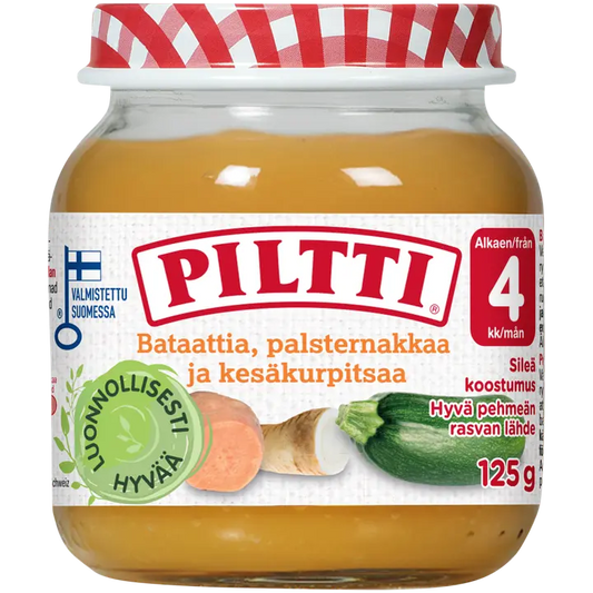 PILTTI 125g Bataattia, palsternakkaa ja kesäkurpitsaa kasvissose 4kk｜Piltti 125 克 红薯、防风草和西葫芦蔬菜泥 4 个月