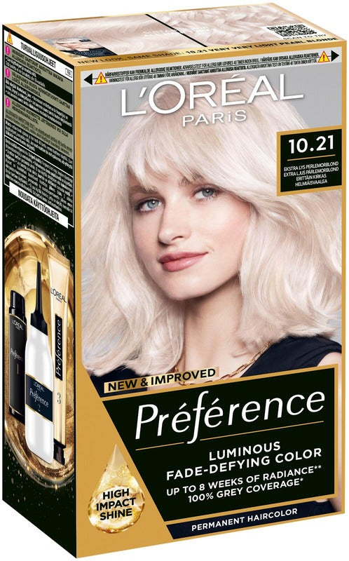 L'Oréal Paris Préférence 10.21 斯德哥尔摩 极浅珍珠金 超亮珍珠浅金永久染发剂 1kpl｜L'Oréal Paris Préférence 10.21 Stockholm Extra Light Pearl Blonde Erittäin kirkas helmiäisvaalea kestoväri 1kpl