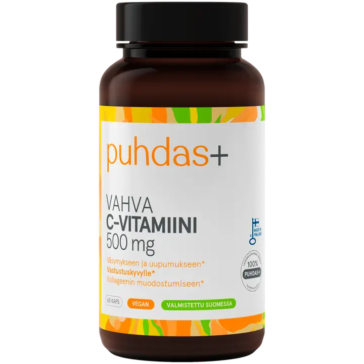 Puhdas+ Vahva C-vitamiini 500 mg 60 kaps.｜Puhdas+ 强效维生素 C 500 毫克 60 粒。