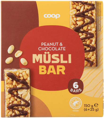 Coop myslipatukka maapähkinä-suklaa 6 kpl 150 g｜Coop 花生巧克力麦片棒 6支装 150 g