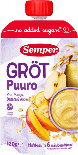 Semper 梨、芒果、香蕉与苹果即食婴儿粥（6个月起） 120g｜Semper Puuro Päärynä, mango banaani & omena 6kk käyttövalmis lastenpuuro 120g