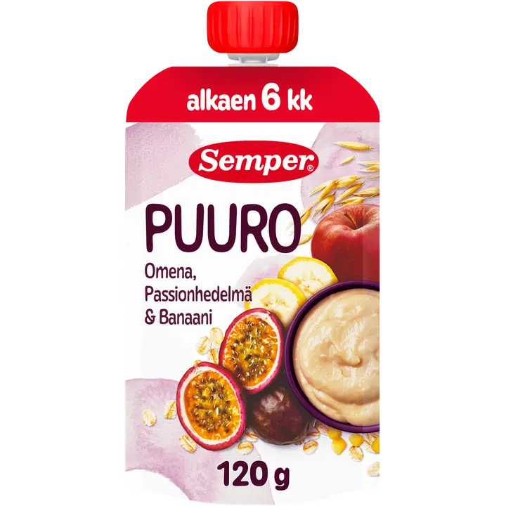 Semper Puuro Passionhedelmä, omena, banaani 6kk käyttövalmis lastenpuuro 120g｜Semper 粥 百香果、苹果、香蕉 6个月即用儿童粥 120g