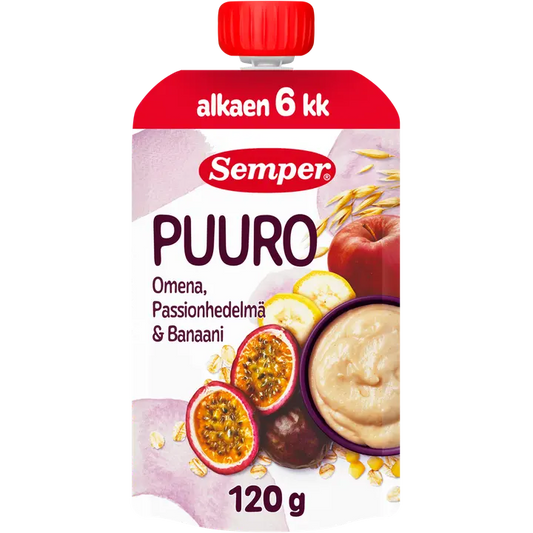 Semper Puuro Passionhedelmä, omena, banaani 6kk käyttövalmis lastenpuuro 120g｜Semper 粥 百香果、苹果、香蕉 6个月即用儿童粥 120g