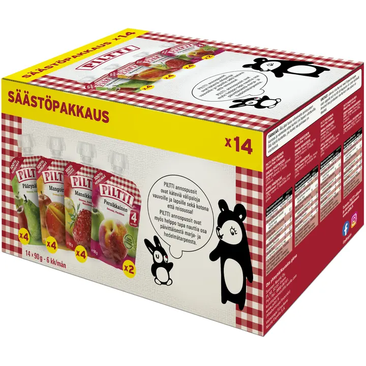 Piltti Hedelmäsoselajitelma 14x90g Omena-päärynäsose, omena-persikkasose, omena-mangosose, omena-, banaani-mansikkasose annospussi｜Piltti 什锦水果泥 14x90g 苹果梨泥、苹果桃泥、苹果芒果泥、苹果香蕉草莓泥 份装袋