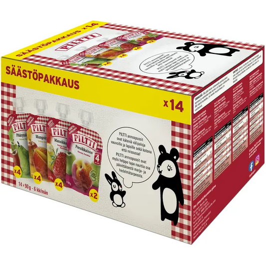 Piltti Hedelmäsoselajitelma 14x90g Omena-päärynäsose, omena-persikkasose, omena-mangosose, omena-, banaani-mansikkasose annospussi｜Piltti 什锦水果泥 14x90g 苹果梨泥、苹果桃泥、苹果芒果泥、苹果香蕉草莓泥 份装袋