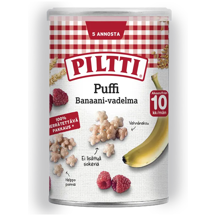PILTTI Puffi 35g Banaanin ja vadelman makuisia vehnänaksuja 10kk｜Piltti Puffi 35 克香蕉覆盆子味小麦饼干 10 个月