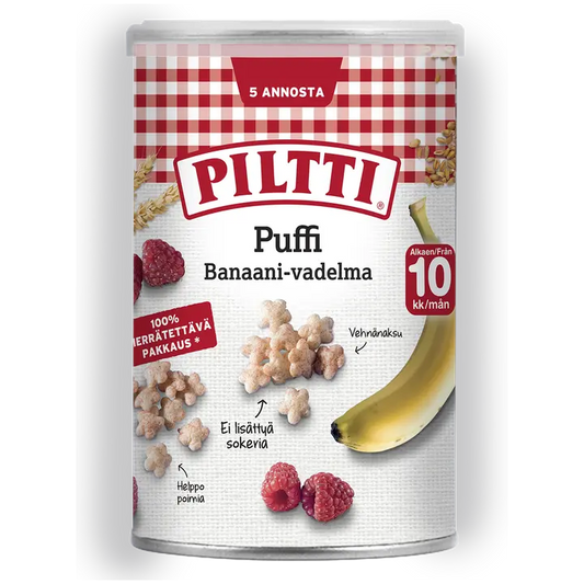 PILTTI Puffi 35g Banaanin ja vadelman makuisia vehnänaksuja 10kk｜Piltti Puffi 35 克香蕉覆盆子味小麦饼干 10 个月
