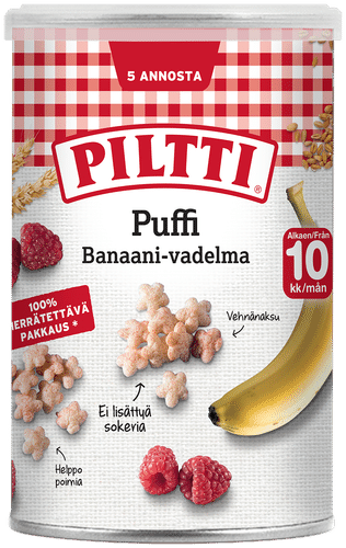 Piltti 普菲香蕉覆盆子味小麦泡芙35g 10个月+｜PILTTI Puffi 35g Banaanin ja vadelman makuisia vehnänaksuja 10kk