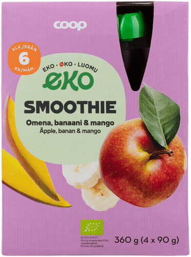 Coop 有机苹果香蕉芒果果昔 4联装 360克 6个月｜Coop Eko smoothie omena, banaani & mango luomu 4-pack 360 g 6 kk