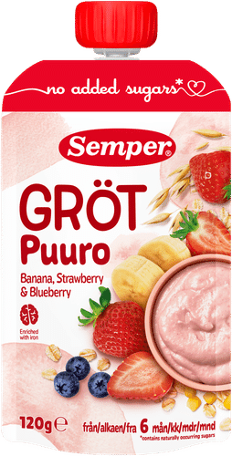 Semper 草莓、香蕉与蓝莓即食婴儿粥（6个月起） 120g｜Semper Puuro Mansikka, banaani & mustikka 6kk käyttövalmis lastenpuuro 120g