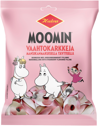 Halva 姆明草莓夹心棉花糖 60 g｜Halva Moomin vaahtokarkkeja mansikanmakuisella täytteellä 60 g