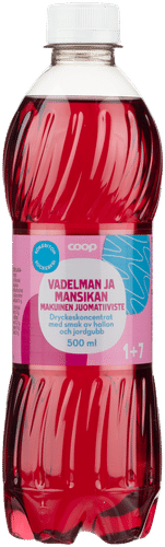 Coop sokeriton vadelman ja mansikan makuinen juomatiiviste 1+7 0,5l｜Coop 无糖覆盆子和草莓味浓缩饮料1+7 0,5l