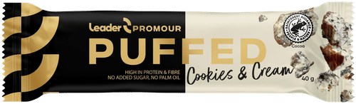 Leader Promour 膨化曲奇奶油味米脆巧克力蛋白棒 40 g｜Leader Promour Puffed Cookies & Cream keksin- ja kermanmakuinen riisisuklaaproteiinipatukka 40 g