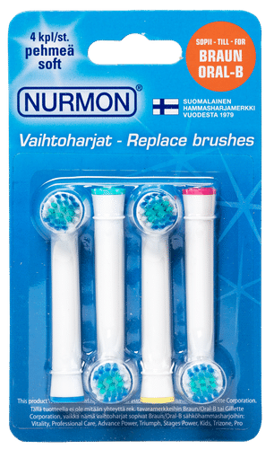 NURMON Vaihtoharjat 4 kpl pehmeä, Oral-B yhteensopivat