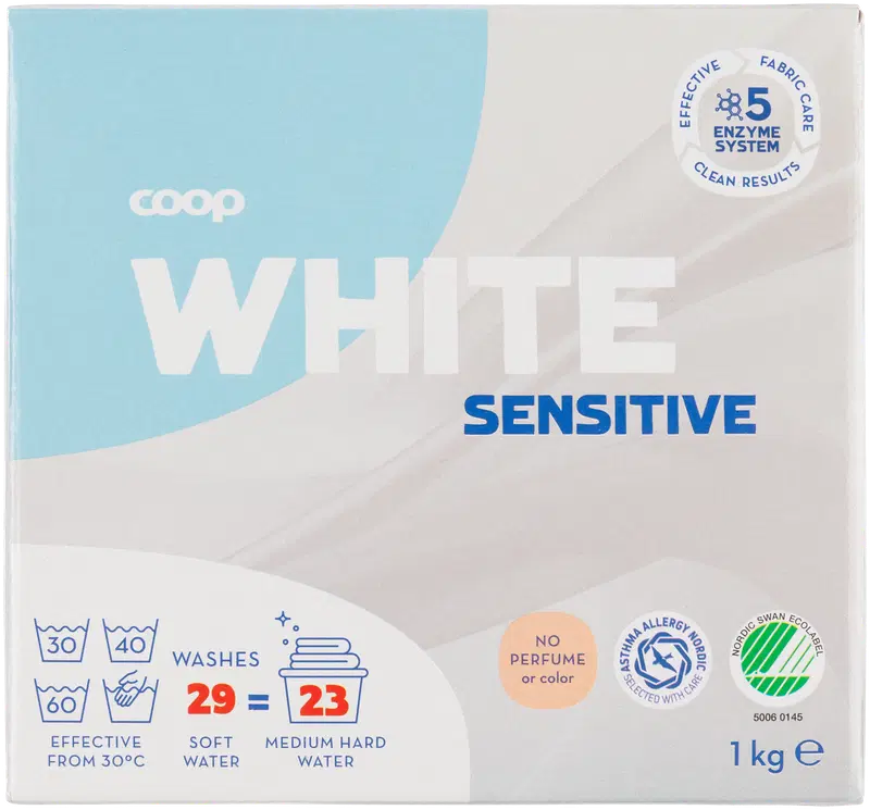 Coop 白色敏感衣物洗衣粉 1kg｜Coop White Sensitive valkopyykin pesujauhe 1kg