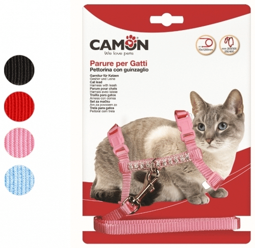 Camon 猫用尼龙背带（带牵引绳，饰塑料水钻）