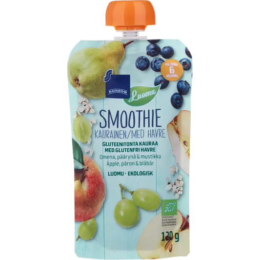 Rainbow kaurainen smoothie omena, päärynä & mustikka luomu 120 g 6 kk｜Rainbow 苹果、梨和蓝莓有机燕麦冰沙 120 克 6 个月
