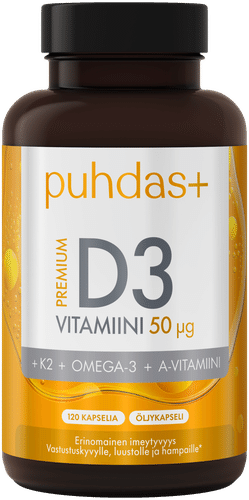 Puhdas+ 优质D3维生素50微克+K2+Omega-3+维生素A 120 kaps