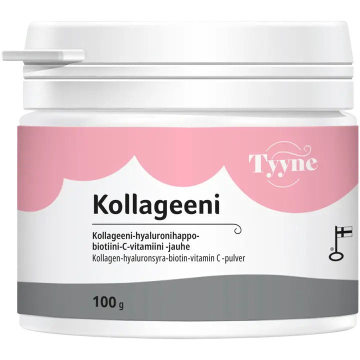 Tyyne Kollageeni 100 g, kotimainen kollageeni-hyaluronihappo-biotiini-sinkki-C-vitamiini jauhe, Vitabalans-TYYNE 胶原蛋白100克，国产胶原蛋白-透明质酸-生物素-锌-维生素C粉末，Vitabalans